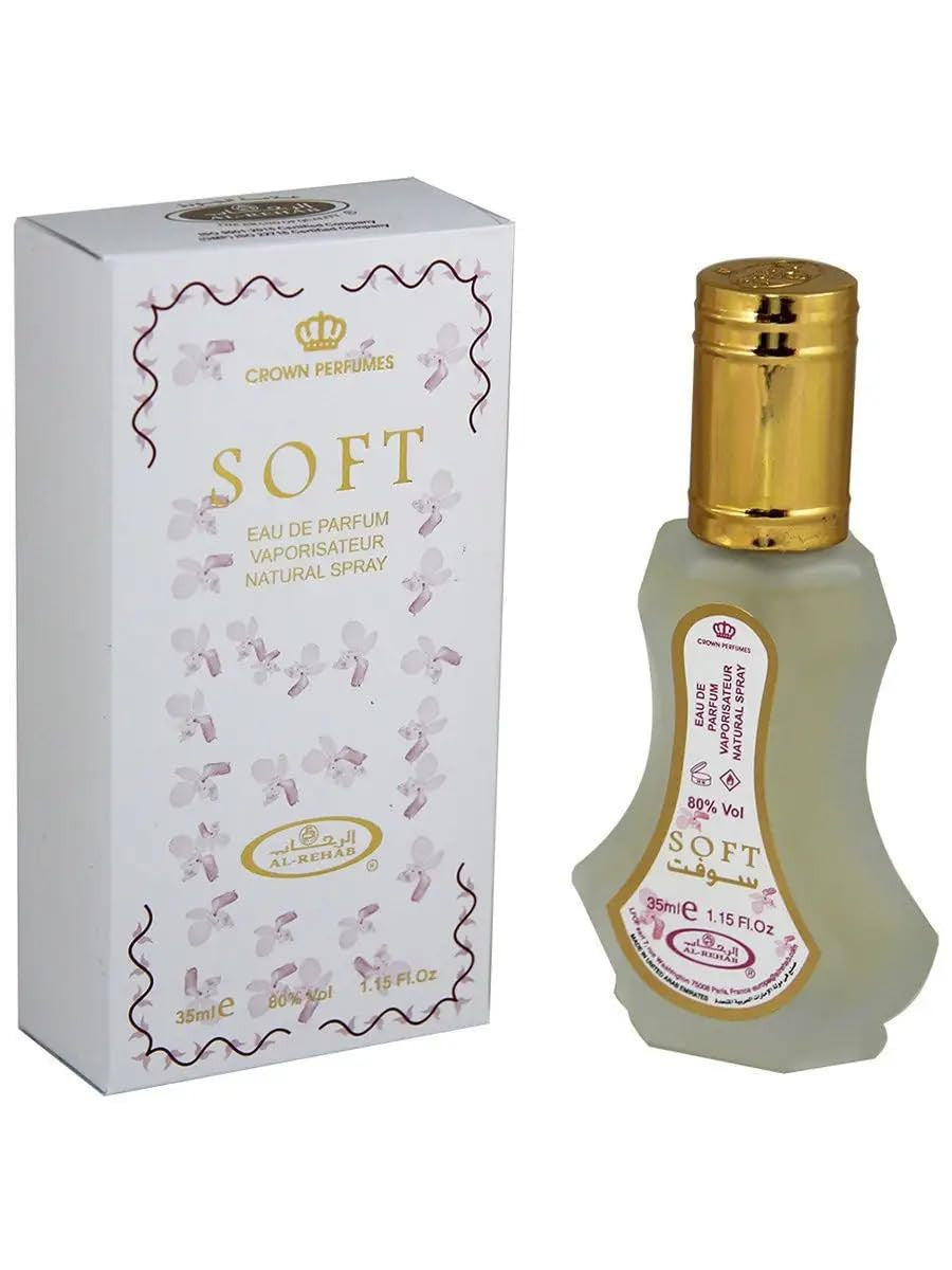 Soft 35ml Eau de Parfum Spray - Al Rehab in einer eleganten Flasche, umgeben von einer ansprechenden Verpackung.