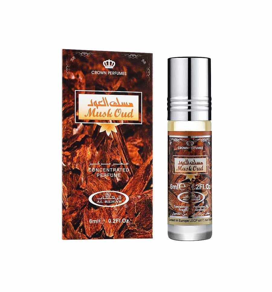 Musk Oud 6ml Parfümöl - Al Rehab Misk in einem eleganten Flakon mit Verpackung.