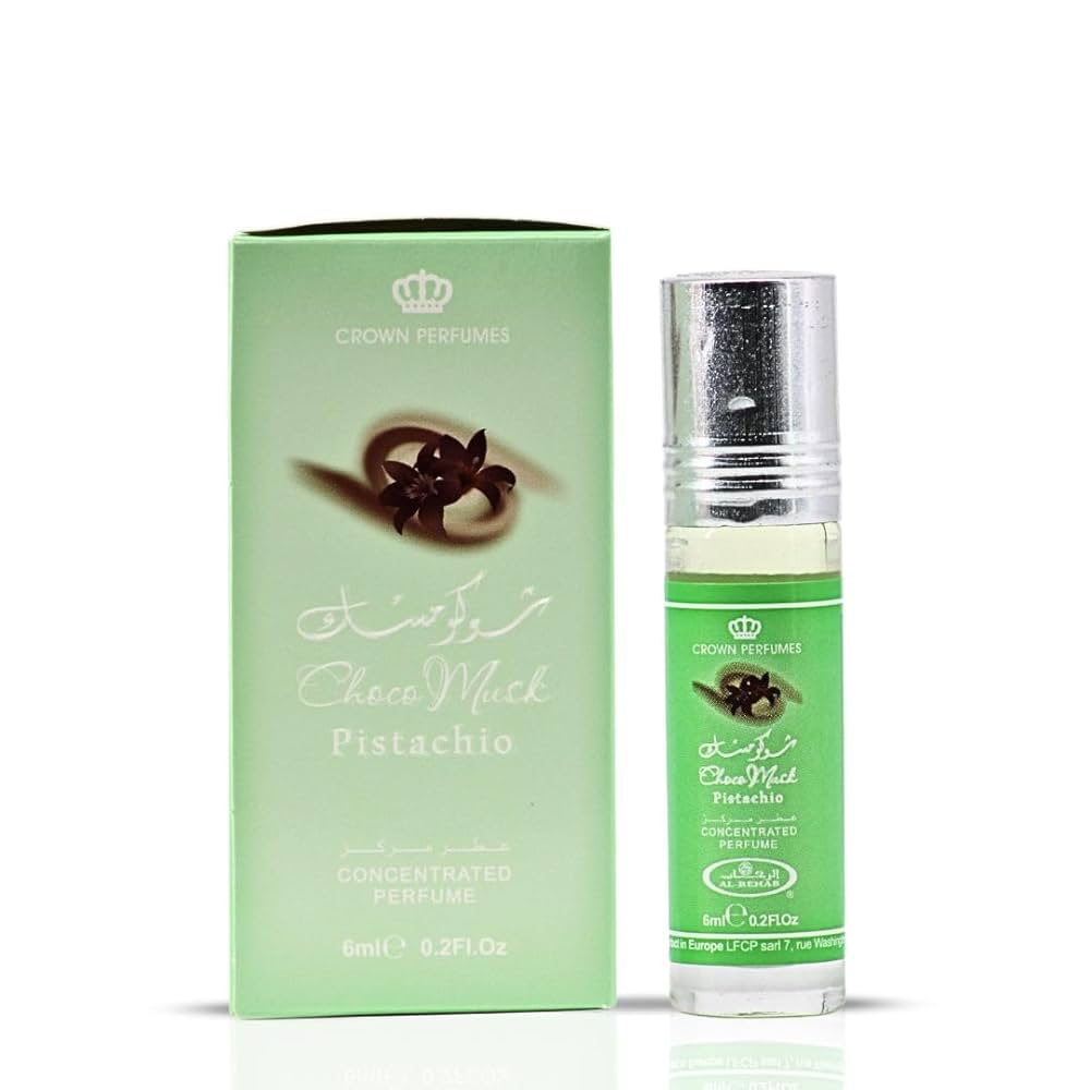 Choco Musk Pistachio 6ml Parfümöl - Al Rehab Misk in der Verpackung mit grünem Design.