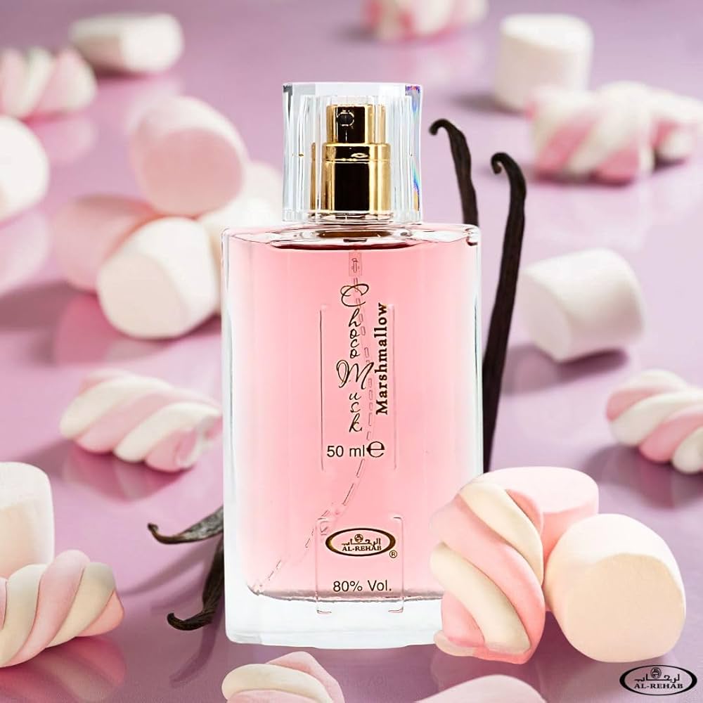 Choco Musk Marshmallow 50ml Eau de Parfum Spray - Al Rehab auf einem rosa Hintergrund mit buntem Marshmallow.