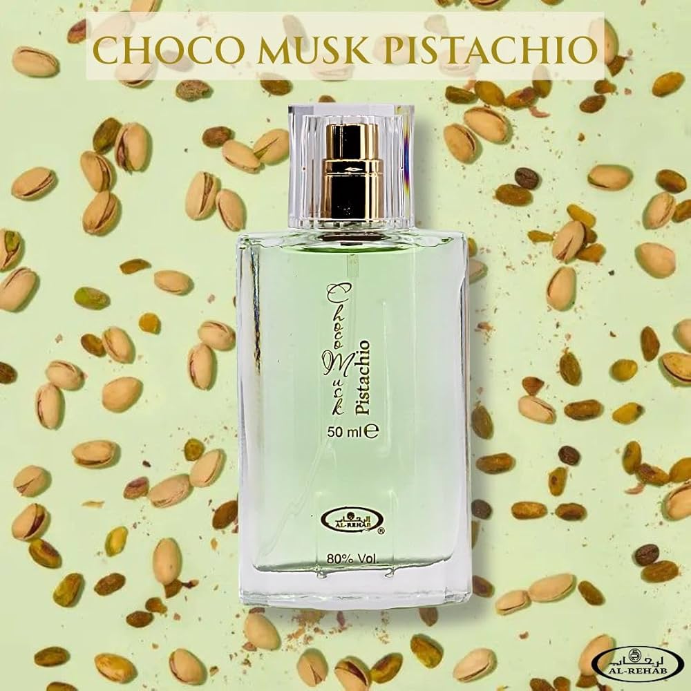 Choco Musk Pistachio 50ml Eau de Parfum Spray - Al Rehab in einer eleganten Flasche umgeben von Pistazien.