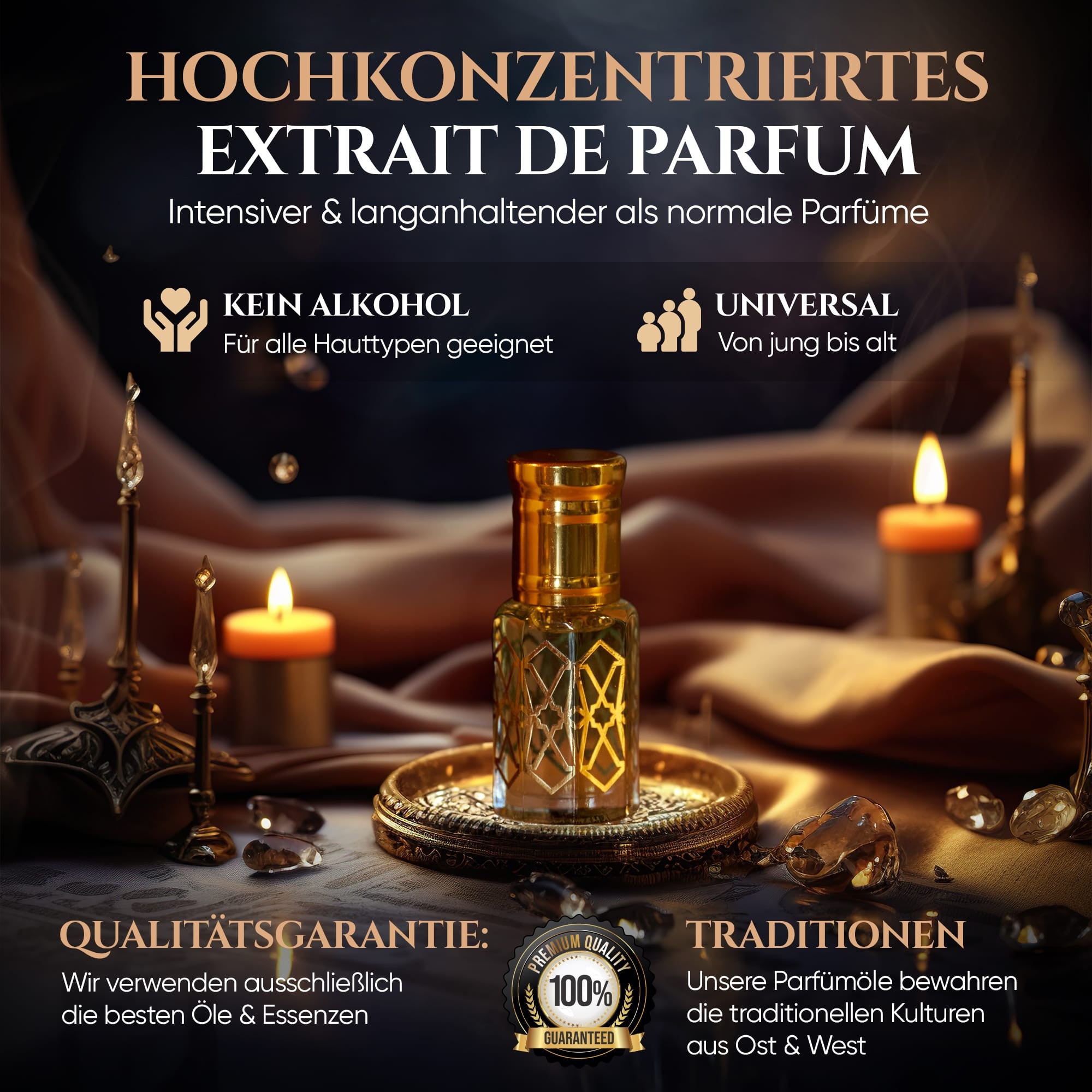 Hochkonzentriertes Extrait de Parfum in goldener Flasche, intensiver Duft ohne Alkohol, für alle Hauttypen geeignet.