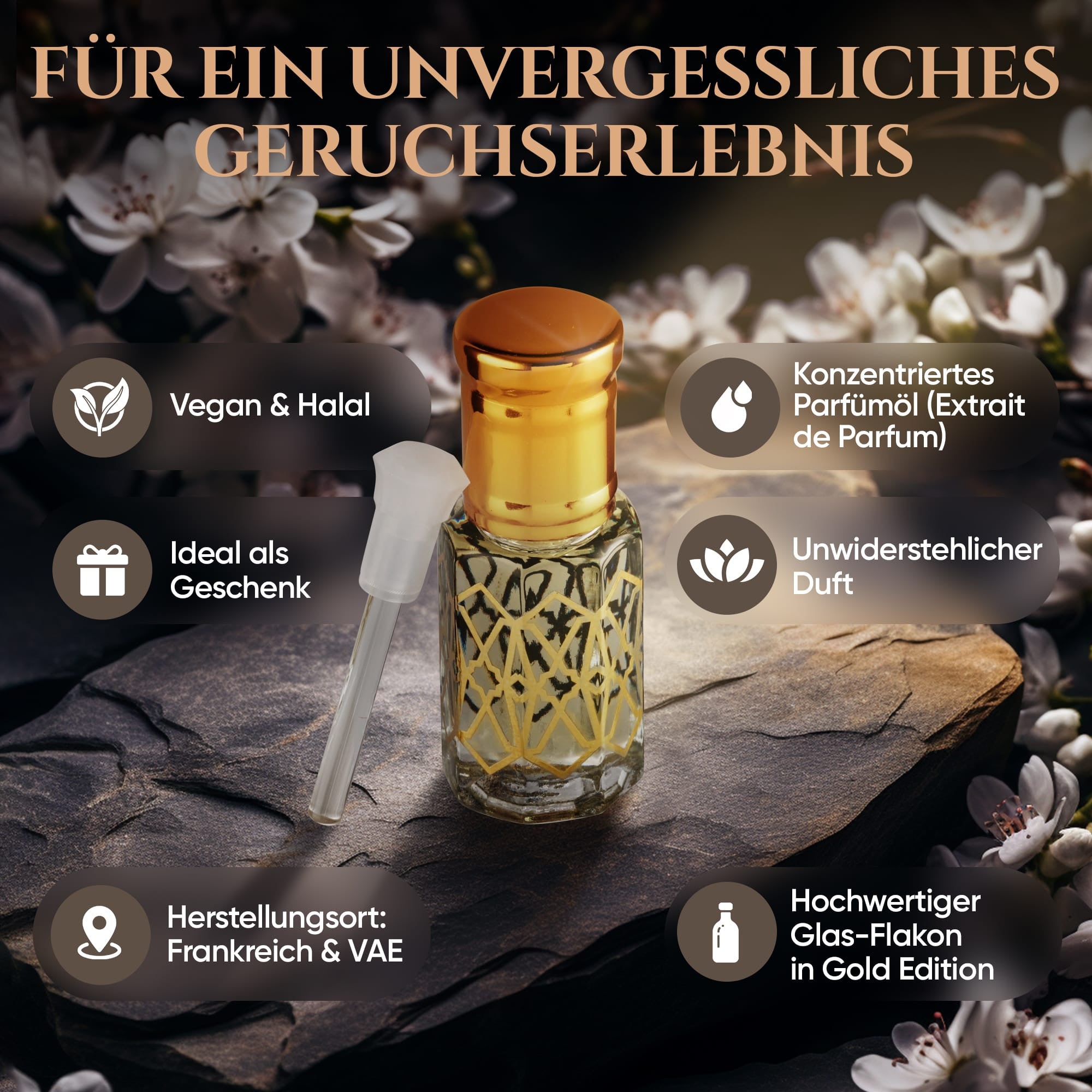 Produktbild des Pure Women Intense 6ml Parfümöl - Misk Musk mit goldenen Akzenten und wichtigen Merkmalen.