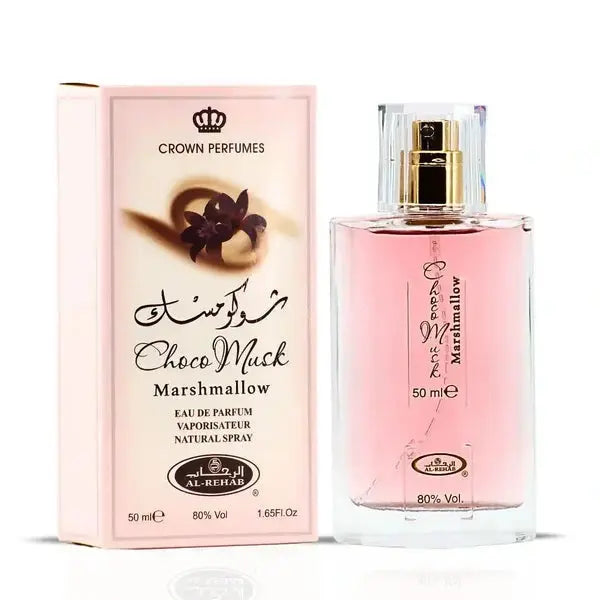 Choco Musk Marshmallow 50ml Eau de Parfum Spray - Al Rehab in transparent Flakon mit pinkem Inhalt und eleganter Verpackung.