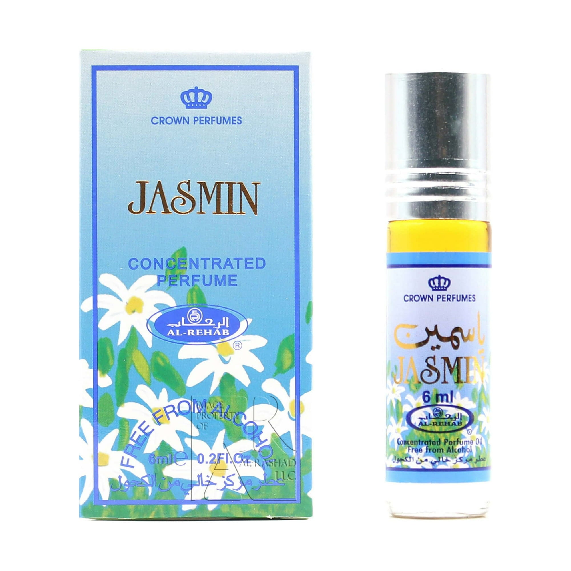 Jasmin 6ml Parfümöl - Al Rehab Misk in einer attraktiven Verpackung mit weißen Blüten auf blauem Hintergrund.