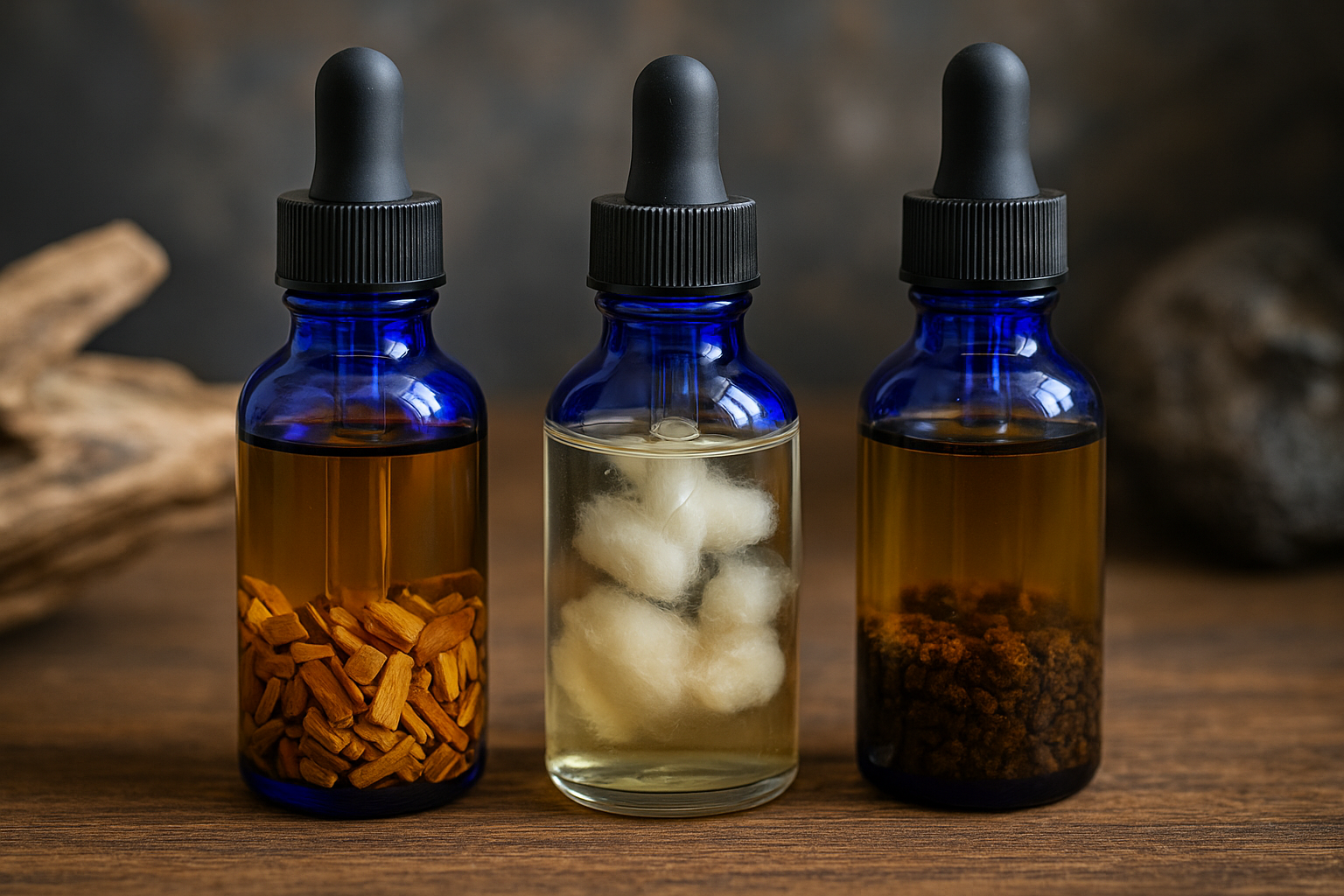 Test Produkt bottles showcasing different ingredients for beauty and wellness.