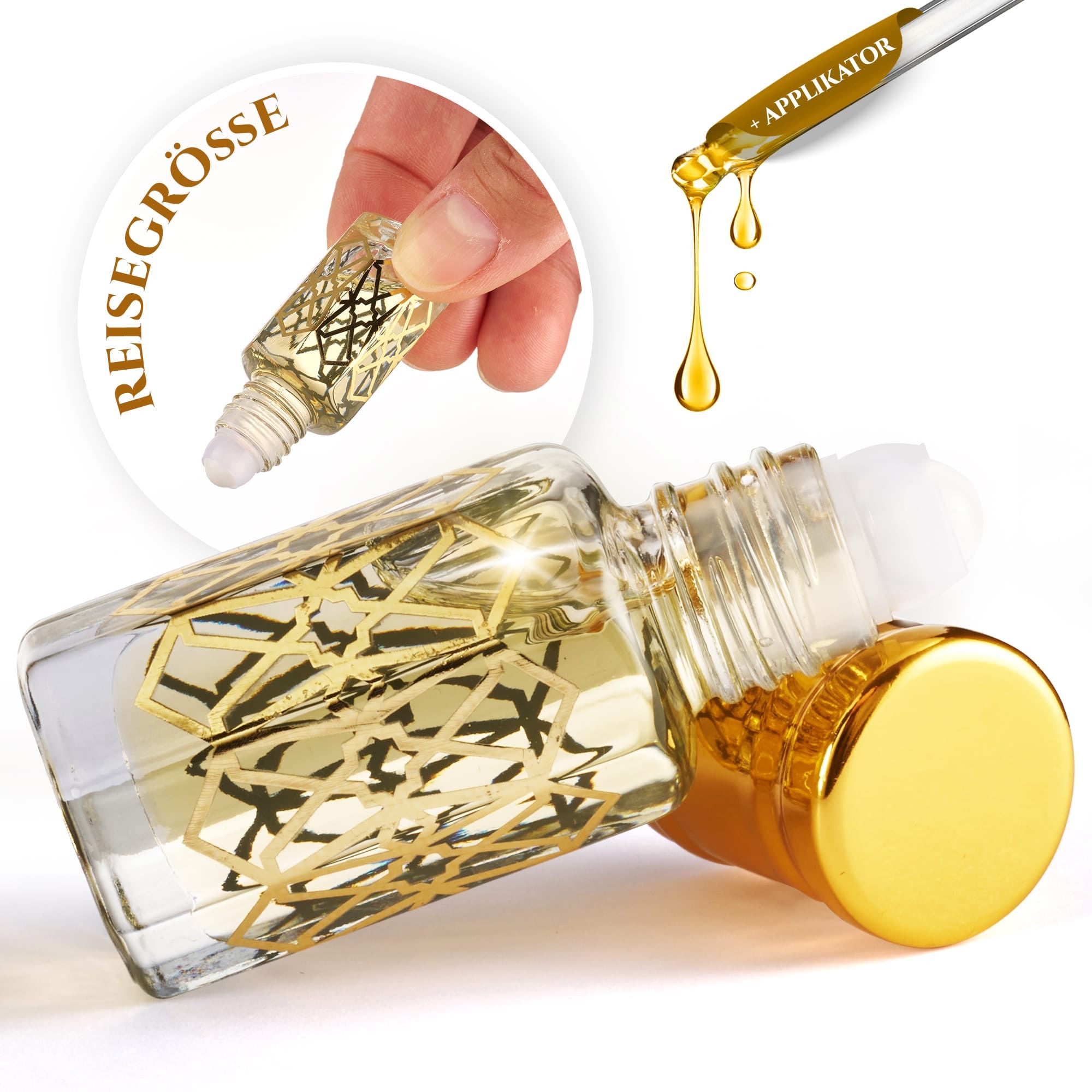 Musc Fleur de Orchidee 6ml Parfümöl - Misk Musk in einer eleganten Flasche mit goldenem Deckel und Applikator.