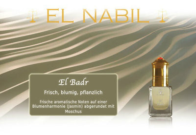 El Badr 5ml Parfüm - El-Nabil in transparentem Flakon mit goldener Kappe und blumigem Design.
