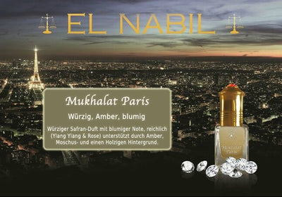 Mukhalat Paris 5ml Parfüm - El-Nabil auf einem Bild mit goldener Verpackung und der Skyline von Paris.
