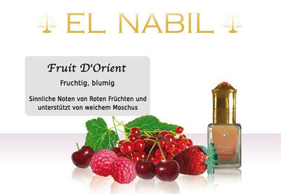 Fruit D'Orient 5ml Parfüm - El-Nabil in einer ansprechenden Präsentation mit roten Früchten und Duftnoten.