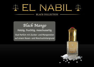 Black Mango 5ml Parfüm - El-Nabil in einer eleganten Flasche mit goldener Kappe und festive Präsentation.