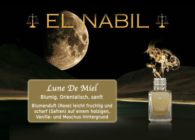 Lune De Miel 5ml Parfüm - El-Nabil in eleganter Flasche mit orientalischem Hintergrund und Mond.