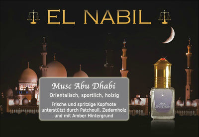 Musc Abu Dhabi 5ml Parfüm - El-Nabil Duft mit orientalisch, holzigen Noten und frischer Kopfnote.
