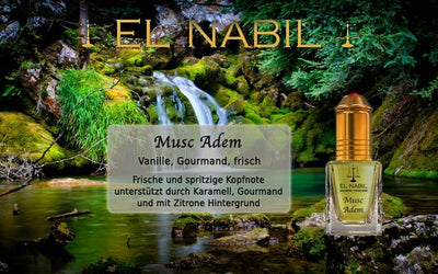 Musc Adem 5ml Parfüm - El-Nabil auf einem naturnahen Hintergrund mit Erfrischungselementen.