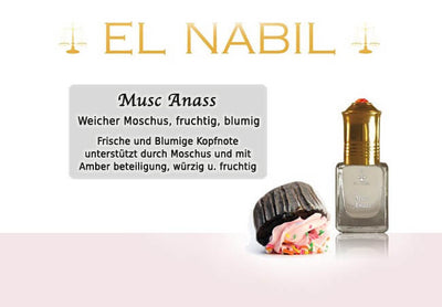 Gratis Kiste: Musc Anass 5ml Parfüm - El-Nabil mit blumigen Noten und weichem Moschus, fruchtiger Duft.