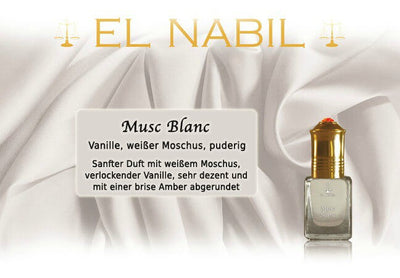 Musc Blanc 5ml Parfüm - El-Nabil Flasche mit weißen Moschus und Vanille auf elegantem Hintergrund.
