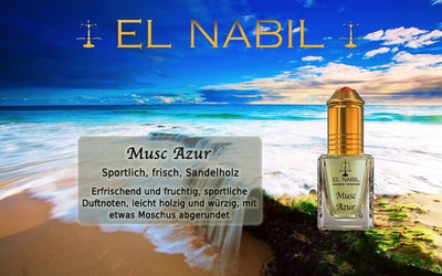 Musc Azur 5ml Parfüm - El-Nabil Flasche am Strand mit frischem, fruchtigem Duft.