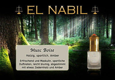 Musc Boise 5ml Parfüm - El-Nabil in einem waldigen Hintergrund, holzig und sportlich mit Ambernote.