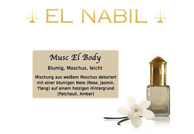 Musc El Body 5ml Parfüm - El-Nabil mit blumigen und moschusartigen Noten, abgebildet mit Beschreibung und Blume.