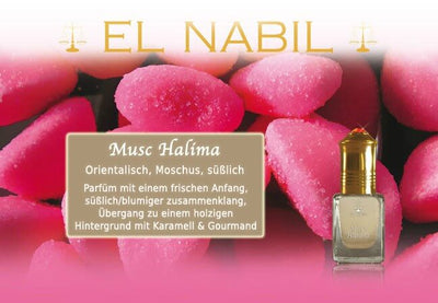 Musc Halima 5ml Parfüm - El-Nabil in schöner Präsentation mit pinken Süßigkeiten Hintergrund.