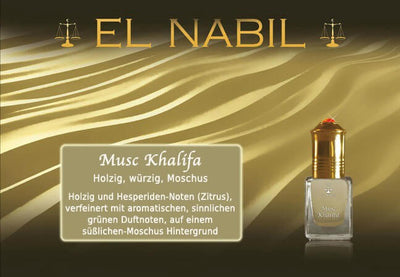 Musc Khalifa 5ml Parfüm - El-Nabil, holziger, würziger Duft mit Hesperiden-Noten und moschusartigem Hintergrund.