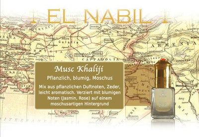 Musc Khaliji 5ml Parfüm - El-Nabil auf einer alten Karte, mit beschreibendem Text über Duftnoten.