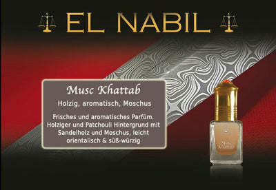 Musc Khattab 5ml Parfüm - El-Nabil in eleganter Verpackung, frischer und aromatischer Duft mit Moschus und Sandelholz.