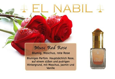 Musc Red Rose 5ml Parfüm - El-Nabil, blumiges Parfüm mit Moschus, Jasmin und Vanille, rote Rosen im Hintergrund.
