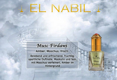 Musc Firdaws 5ml Parfüm - El-Nabil in einem eleganten Ambiente mit fruchtigen und frischen Duftnoten.