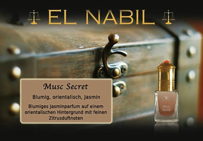 Musc Secret 5ml Parfüm - El-Nabil in eleganter Verpackung mit blumigem Jasminduft und orientalischem Hintergrund.