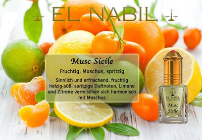 Musc Sicile 5ml Parfüm - El-Nabil in fruchtigem Ambiente mit Limone, Zitrone und Moschusnoten.