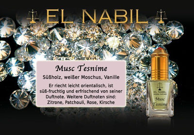 Musc Tesnime 5ml Parfüm - El-Nabil auf glänzendem Hintergrund mit Duftnoten wie Zitrone, Rose, Kirsche und weißem Moschus.
