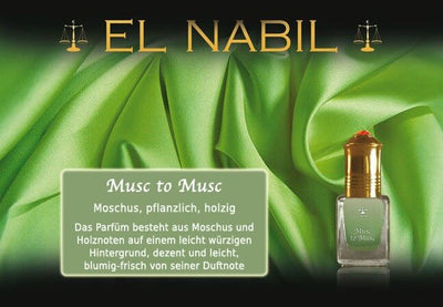 Musc to Musc 5ml Parfüm - El-Nabil auf grünem Hintergrund mit Duftbeschreibung.