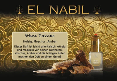 Musc Yassine 5ml Parfüm - El-Nabil in eleganter Präsentation mit orientalischen und holzigen Noten.