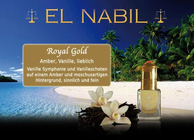 Royal Gold 5ml Parfüm - El-Nabil Misk auf einer Strandkulisse mit Vanille und Amber.