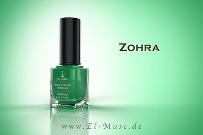 Nagellack Zohra Grün 13ml - El-Nabil in einer ansprechenden Verpackung auf grünem Hintergrund.