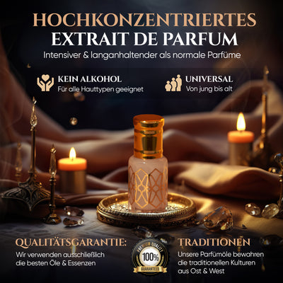 Musk Tahara - Weißer Moschus 6ml Parfümöl - White Musk Misk in elegantem Flakon mit Kerzen und luxuriösem Ambiente.