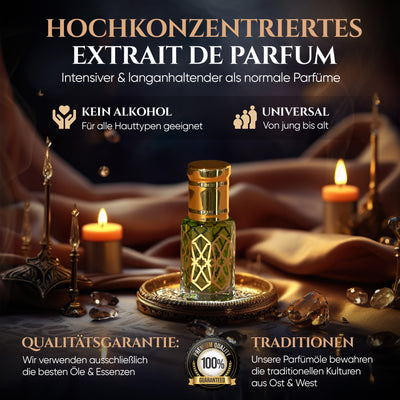 Al Faris 6ml Parfümöl - Misk Musk in einer luxuriösen Präsentation mit goldener Flasche und warmem Licht.