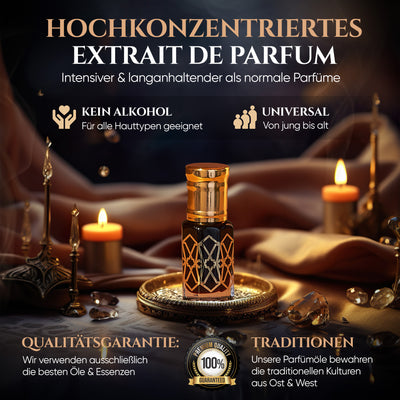 Schwarzer Moschus 6ml Parfümöl - Black Musk Misk in elegantem Flakon auf dekorativem Hintergrund.