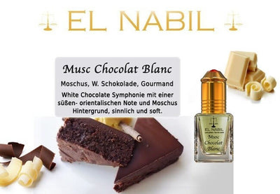 Musc Chocolat Blanc 5ml Parfüm - El-Nabil in einer stilvollen Präsentation mit Schokoladenstücken.