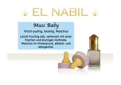 Musc Baby 5ml Parfüm - El-Nabil in einer eleganten Flasche mit Saugerdeckel, frisch-pudriger Duft.