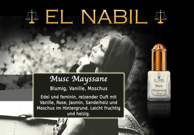 Musc Mayssane 5ml Parfüm - El-Nabil Flasche mit blumigem, vanilligem und moschusartigem Duft auf Werbegrafik.