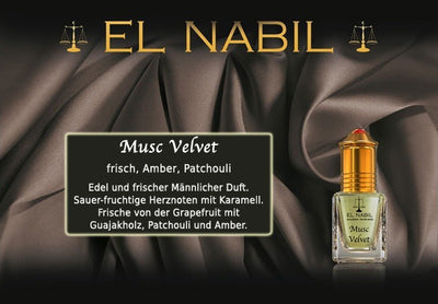 Gratis Kiste: Musc Velvet 5ml Parfüm - El-Nabil, eleganter Duft mit fruchtigen und karamellisierten Noten.