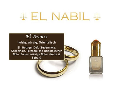 El Arouss 5ml Parfüm - El-Nabil, holziger Duft mit würzigen und orientalischen Noten, Zedernholz, Sandelholz, Patchouli.