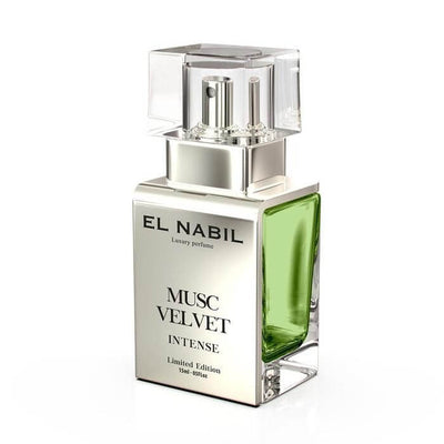 Musc Velvet 15ml INTENSE Eau de Parfum Spray - El-Nabil im eleganten Flakon mit grünen Akzenten.