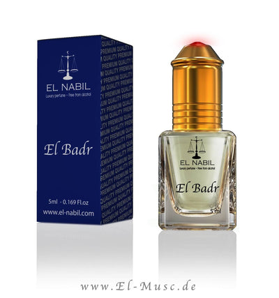 El Badr 5ml Parfüm - El-Nabil in eleganter Verpackung mit goldener Kappe und blumigem Aroma.