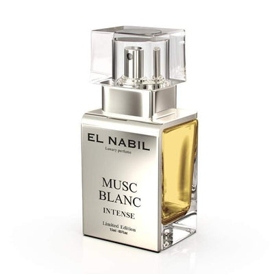 Musc Blanc 15ml INTENSE Eau de Parfum Spray - El-Nabil in eleganter Flasche mit goldener Flüssigkeit.