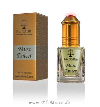 Musc Ameer 5ml Parfüm - El-Nabil in Glasflasche mit goldener Kappe und Verpackung.