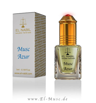 Musc Azur 5ml Parfüm - El-Nabil in der Flasche mit Golddeckel und Verpackung.