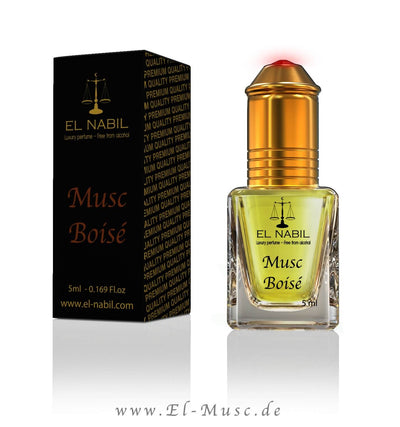 Musc Boise 5ml Parfüm - El-Nabil in eleganter Verpackung, maskuliner Duft, holzig-blumige Note, ideal für den Alltag.